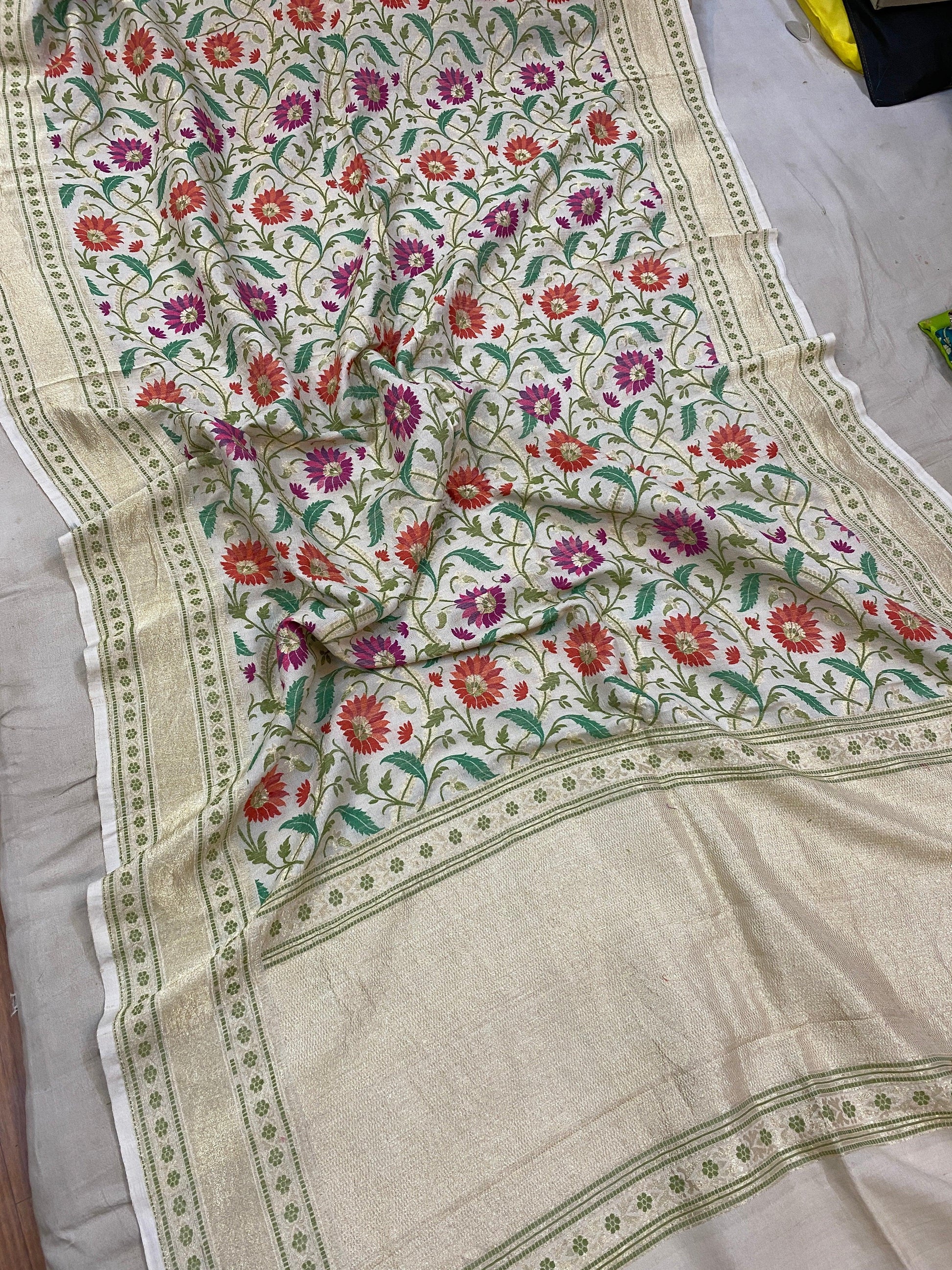 Off White Pure Banarasi Tussar Silk Handloom Khaddi Saree by Shades Of Benares - banarasi - banarasi saree shop