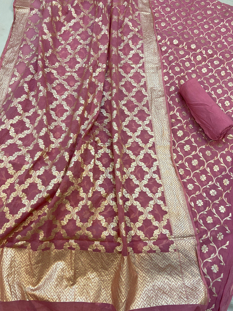 Onion Pink Pure Banarasi Cotton Silk Handloom 3 Pcs Ladies Suit by Shades Of Benares - banarasi - banarasi saree shop