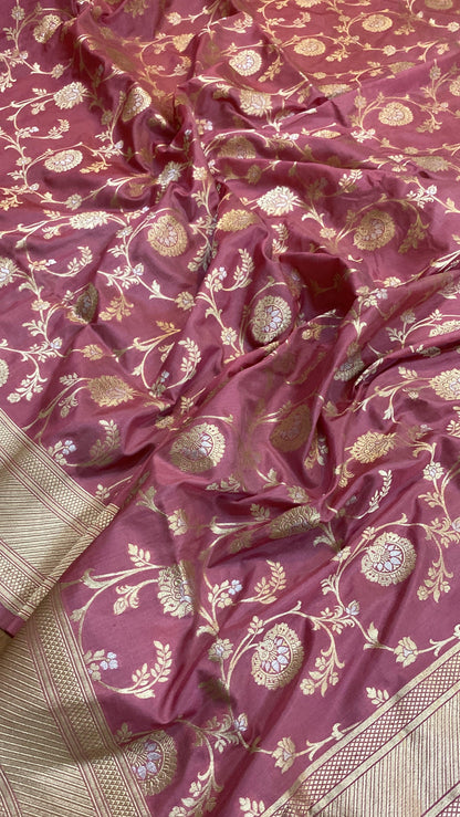 Onion Pink Pure Banarasi Katan Silk Handloom Saree by Shades Of Benares - banarasi - banarasi saree shop