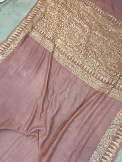 Onion Pink Pure Banarasi Khaddi Moonga Silk Handloom Saree by Shades Of Benares - banarasi - banarasi saree shop