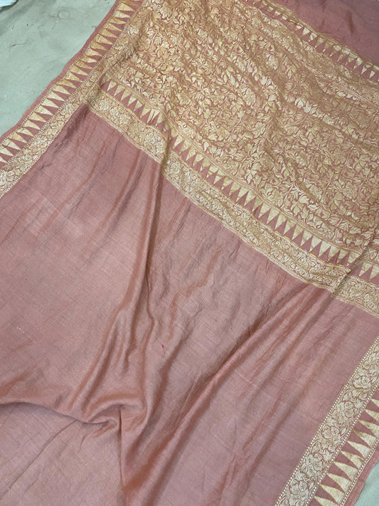 Onion Pink Pure Banarasi Khaddi Moonga Silk Handloom Saree by Shades Of Benares - banarasi - banarasi saree shop