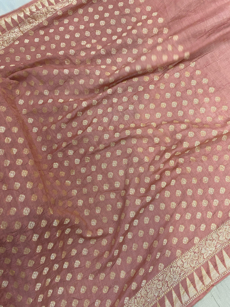 Onion Pink Pure Banarasi Khaddi Moonga Silk Handloom Saree by Shades Of Benares - banarasi - banarasi saree shop