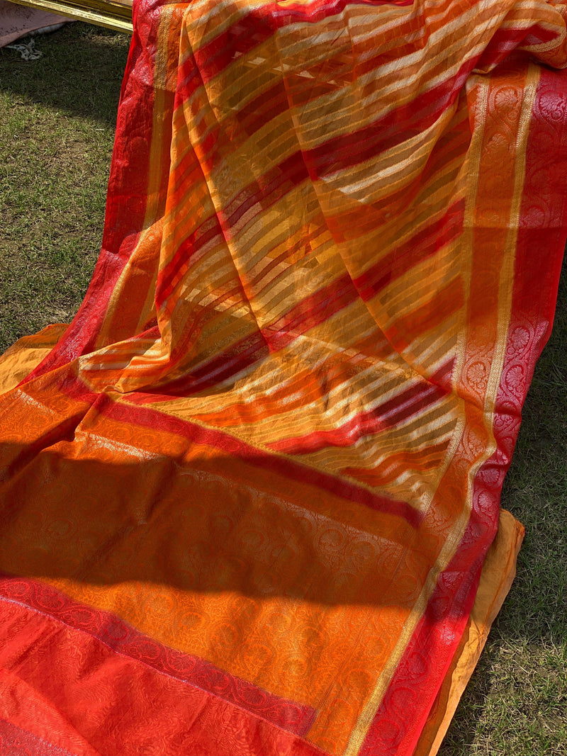 Orange & Red Pure Banarasi Khaddi Georgette Handloom Leheriya Saree by Shades Of Benares - banarasi - banarasi saree shop