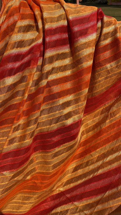 Orange & Red Pure Banarasi Khaddi Georgette Handloom Leheriya Saree by Shades Of Benares - banarasi - banarasi saree shop