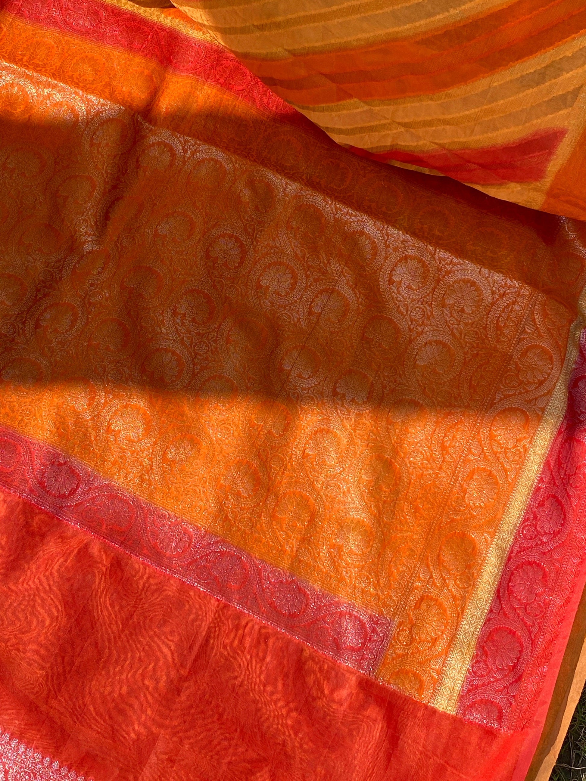 Orange & Red Pure Banarasi Khaddi Georgette Handloom Leheriya Saree by Shades Of Benares - banarasi - banarasi saree shop