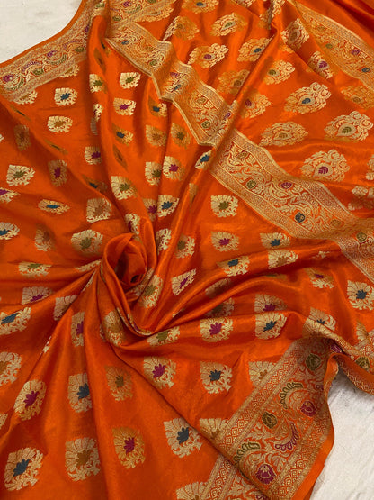 Orange Banarasi Katan Soft Silk Handloom Saree by Shades Of Benares - banarasi - banarasi saree shop