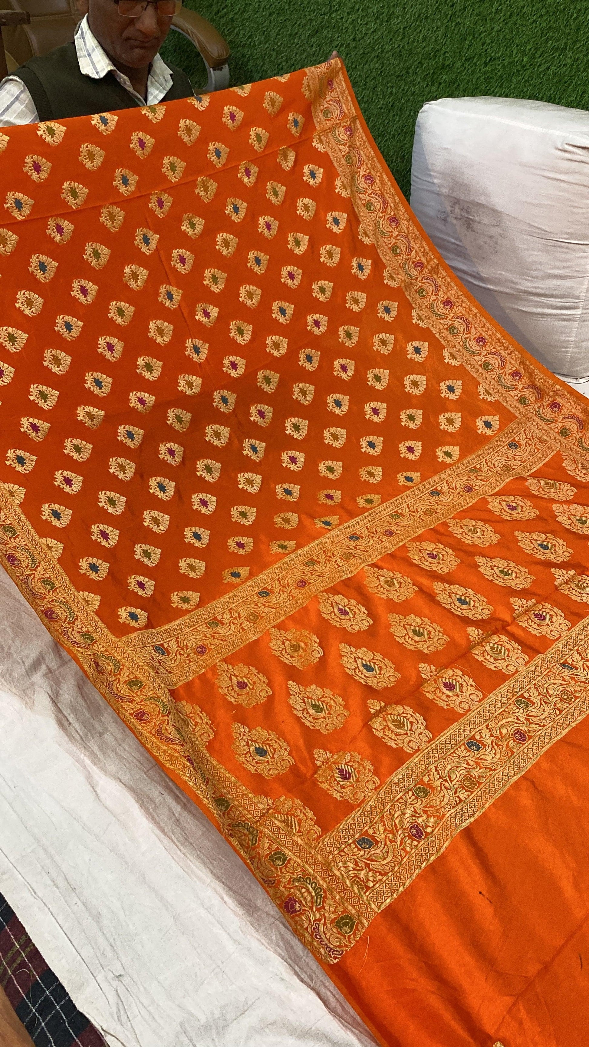 Orange Banarasi Katan Soft Silk Handloom Saree by Shades Of Benares - banarasi - banarasi saree shop