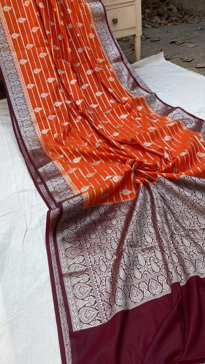 Orange Handloom Katan Soft Silk Banarasi Saree by Shades Of Benares - banarasi - banarasi saree shop