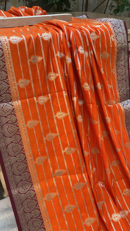 Orange Handloom Katan Soft Silk Banarasi Saree by Shades Of Benares - banarasi - banarasi saree shop