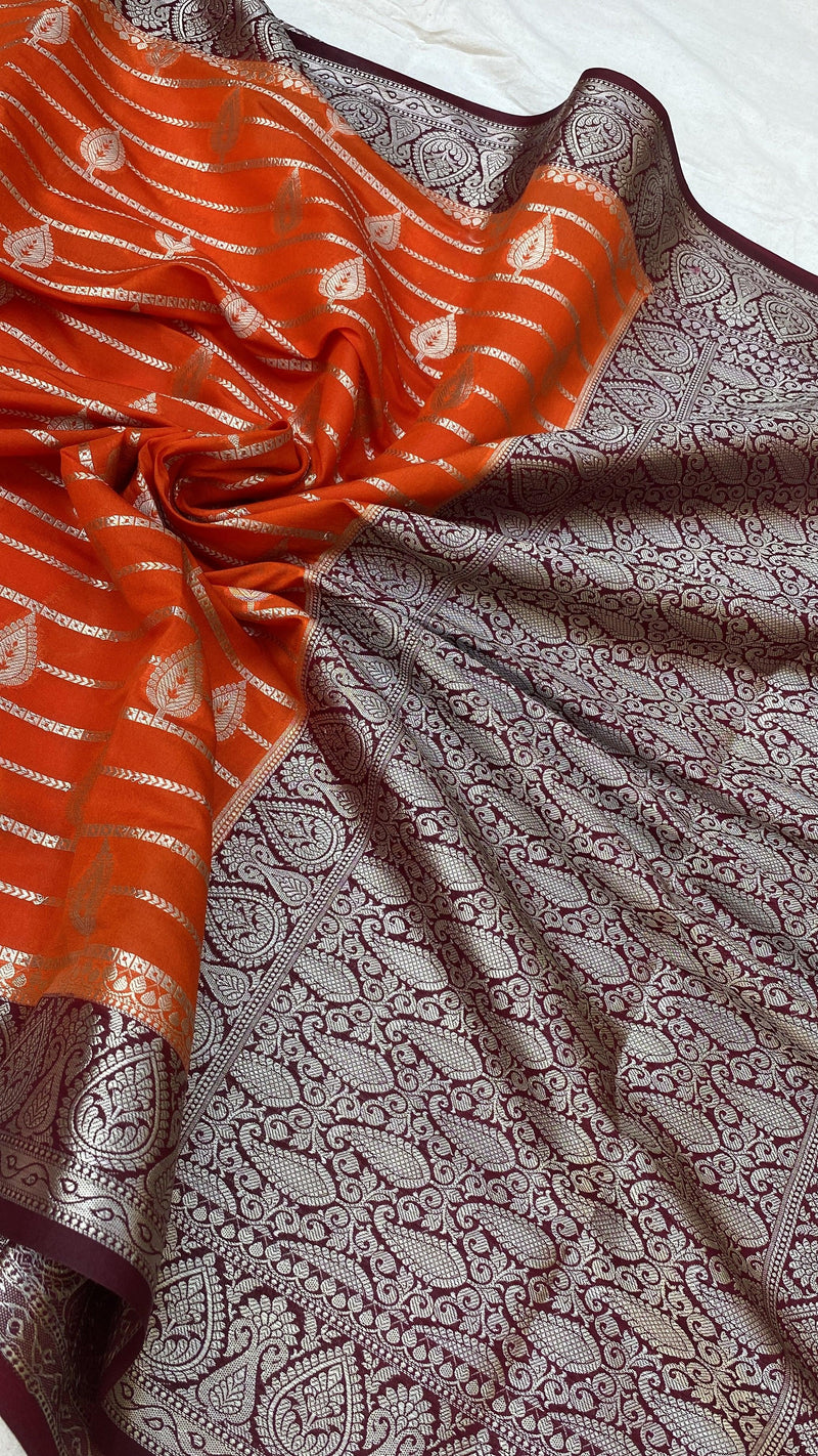 Orange Handloom Katan Soft Silk Banarasi Saree by Shades Of Benares - banarasi - banarasi saree shop