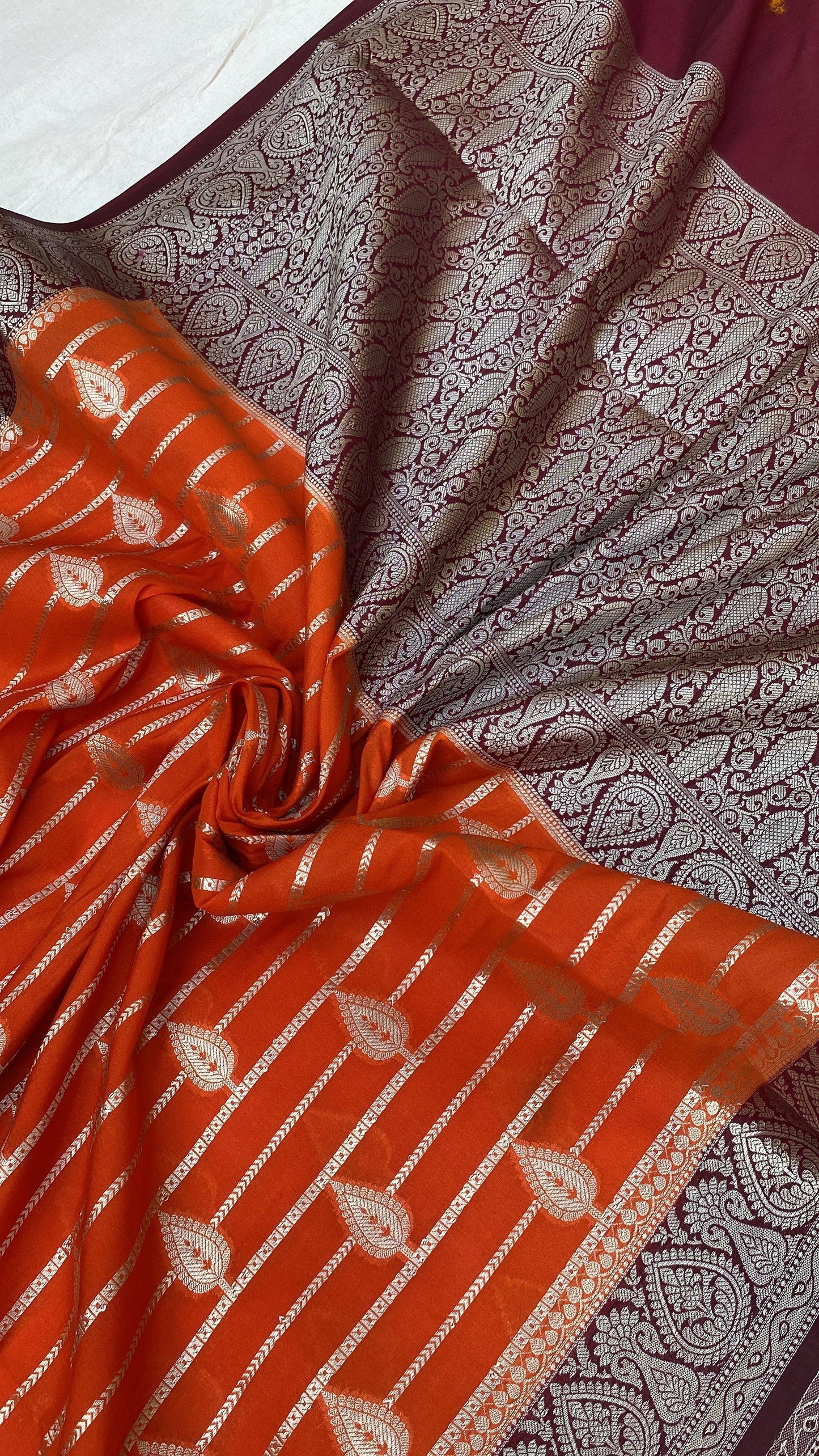 Orange Handloom Katan Soft Silk Banarasi Saree by Shades Of Benares - banarasi - banarasi saree shop