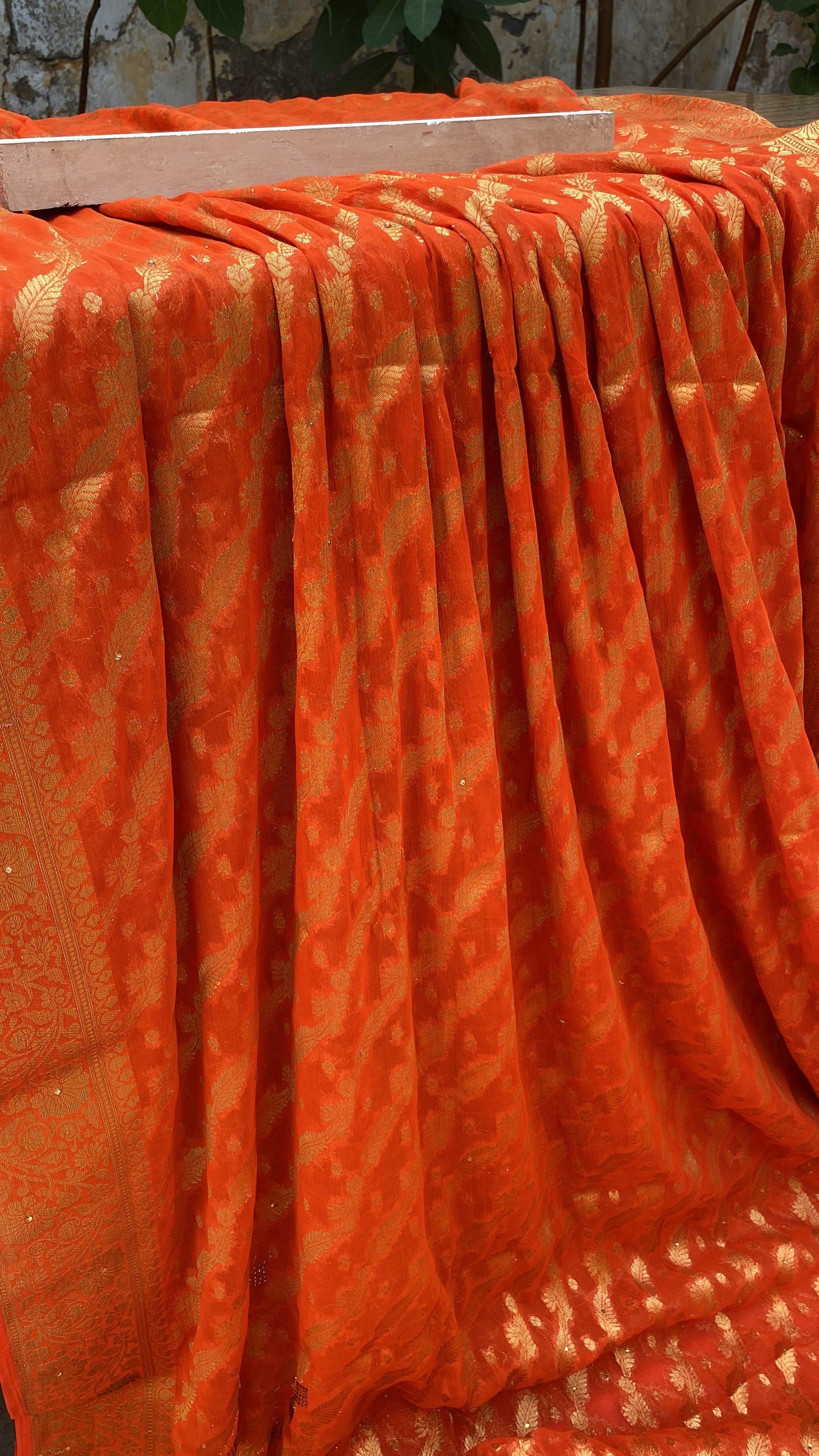 Orange Handloom Pure Chiffon Banarasi Saree by Shades Of Benares - banarasi - banarasi saree shop