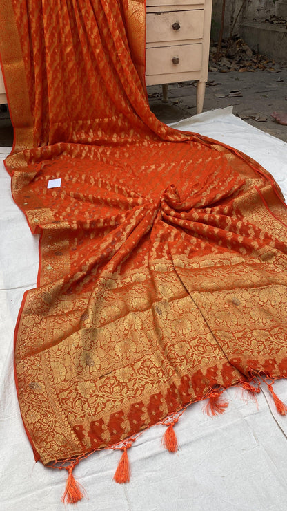 Orange Handloom Pure Chiffon Banarasi Saree by Shades Of Benares - banarasi - banarasi saree shop