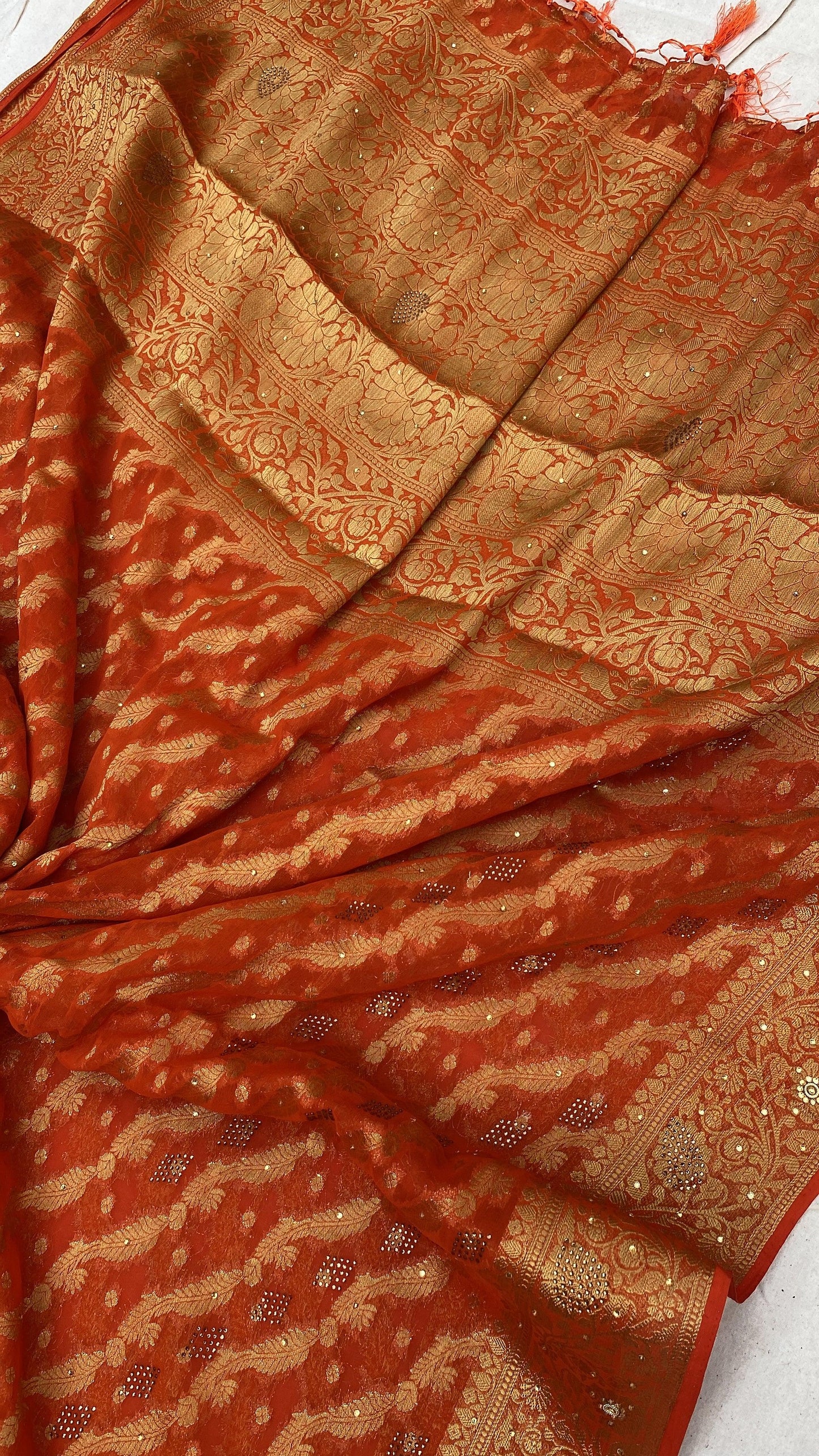 Orange Handloom Pure Chiffon Banarasi Saree by Shades Of Benares - banarasi - banarasi saree shop