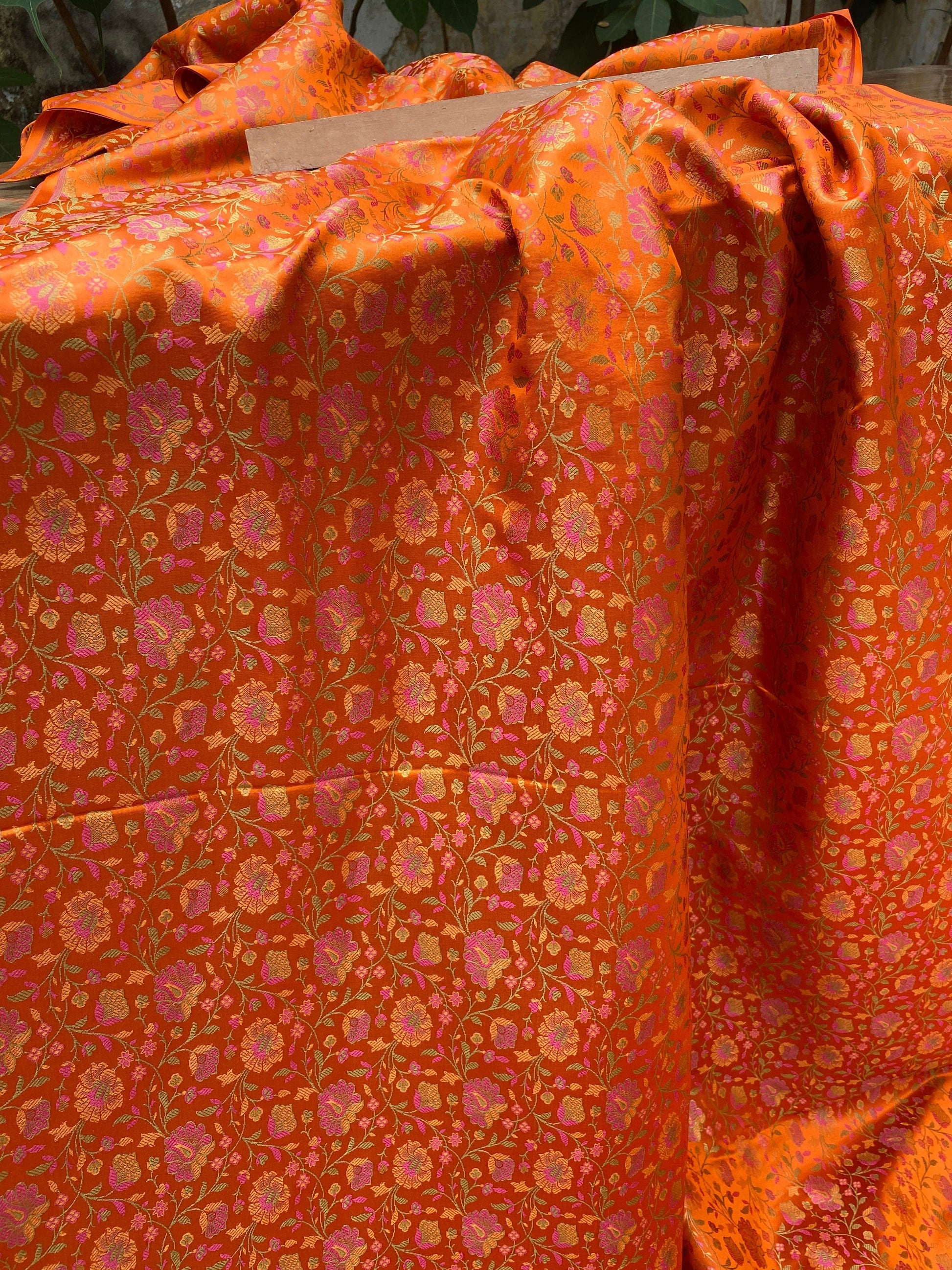 Orange Handloom Pure Katan Silk Brocade Banarasi Fabric by Shades Of Benares - banarasi - banarasi saree shop