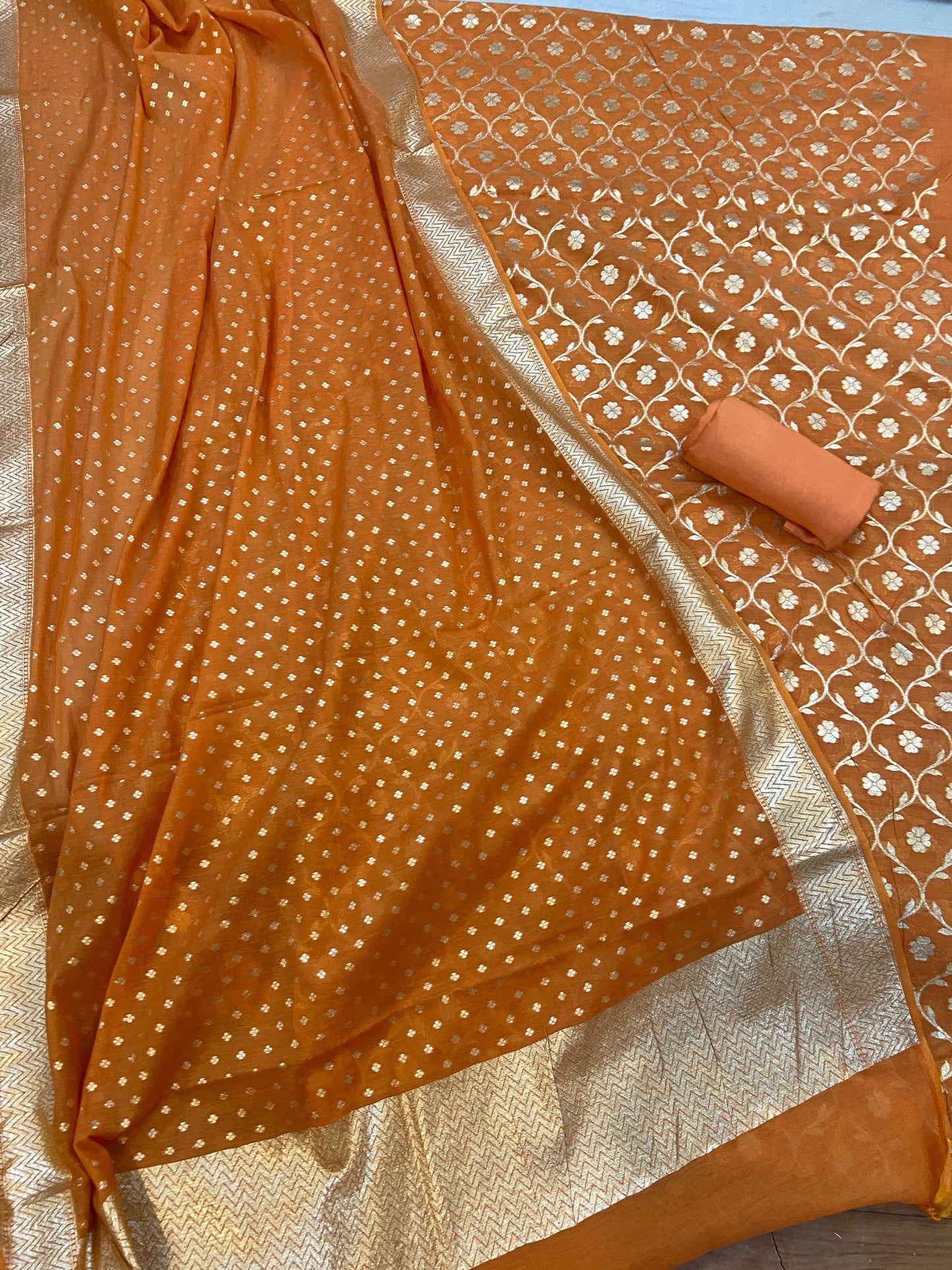 Orange Pure Banarasi Cotton Silk Handloom 3 Pcs Ladies Suit by Shades Of Benares - banarasi - banarasi saree shop