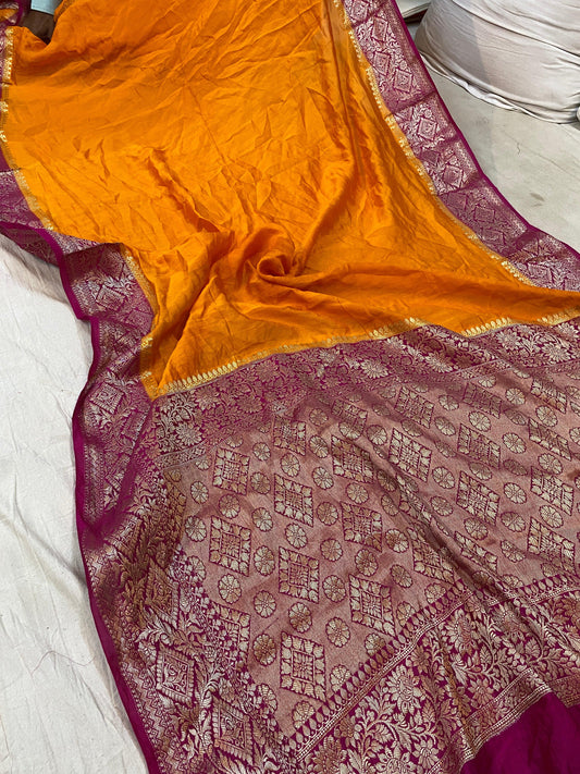 Orange Pure Banarasi Katan Silk Handloom Saree - Kadhwa Border & Pallu by Shades Of Benares - banarasi - banarasi saree shop