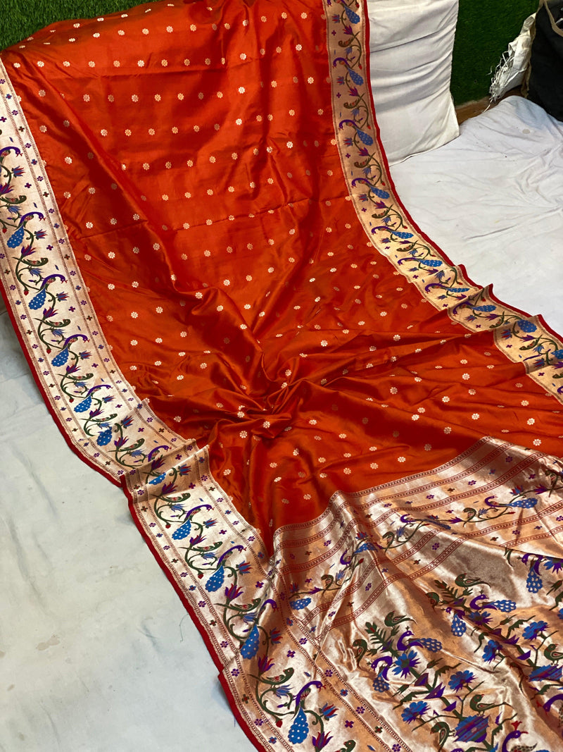 Orange Pure Banarasi Katan Silk Handloom Saree- Kadhwa Paithani by Shades Of Benares - banarasi - banarasi saree shop