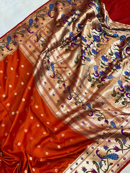 Orange Pure Banarasi Katan Silk Handloom Saree- Kadhwa Paithani by Shades Of Benares - banarasi - banarasi saree shop