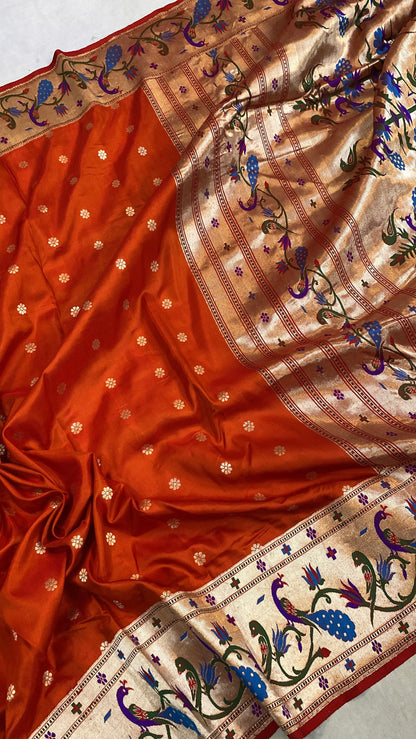 Orange Pure Banarasi Katan Silk Handloom Saree- Kadhwa Paithani by Shades Of Benares - banarasi - banarasi saree shop