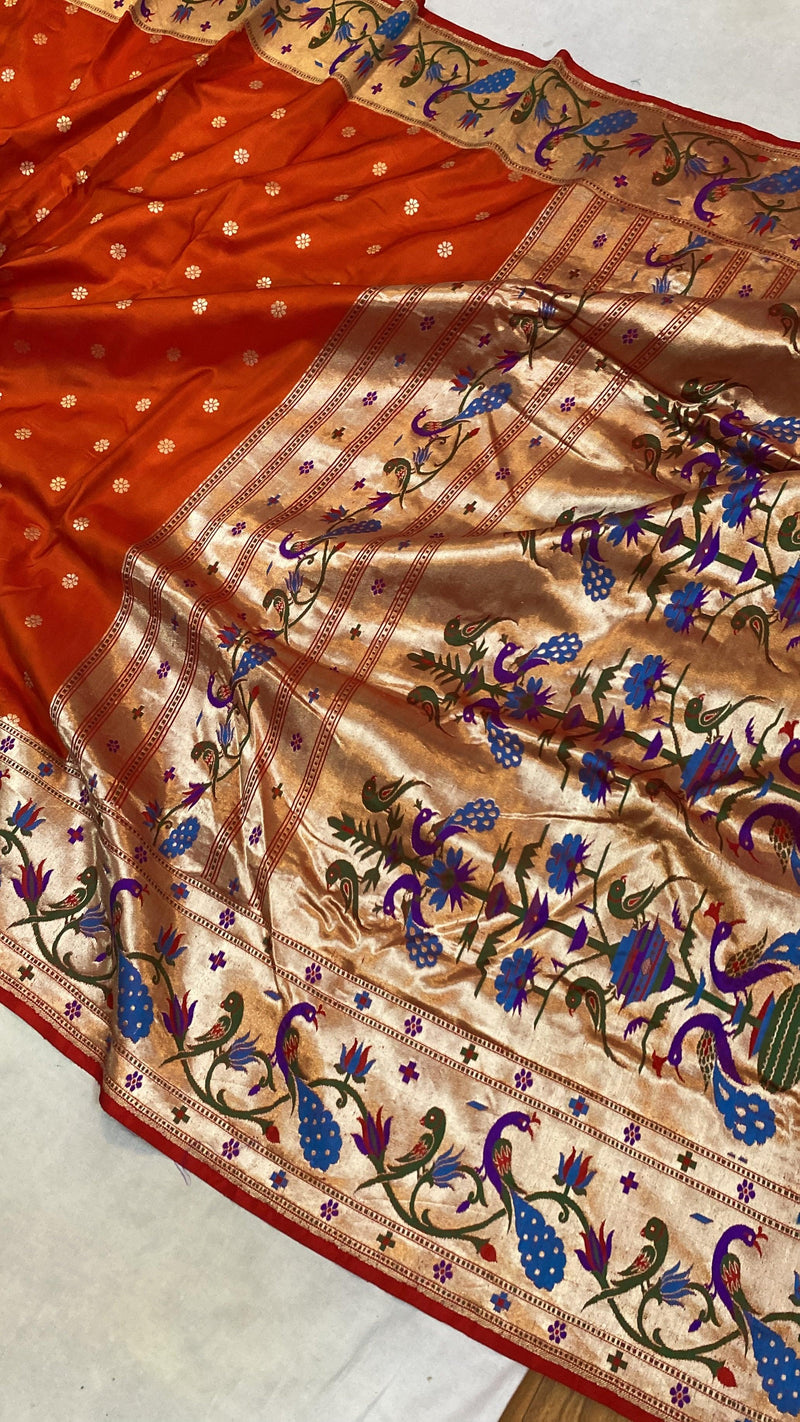 Orange Pure Banarasi Katan Silk Handloom Saree- Kadhwa Paithani by Shades Of Benares - banarasi - banarasi saree shop