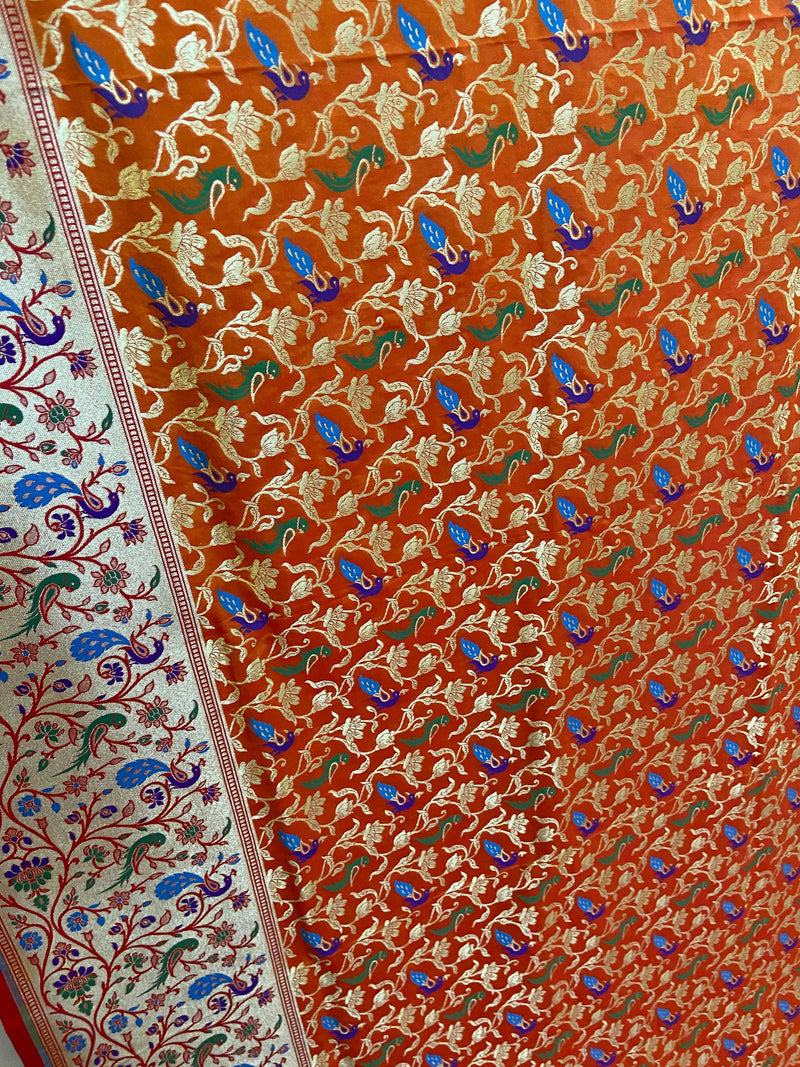 Orange Pure Banarasi Katan Silk Handloom Saree - Shikargah - Shades Of Benares