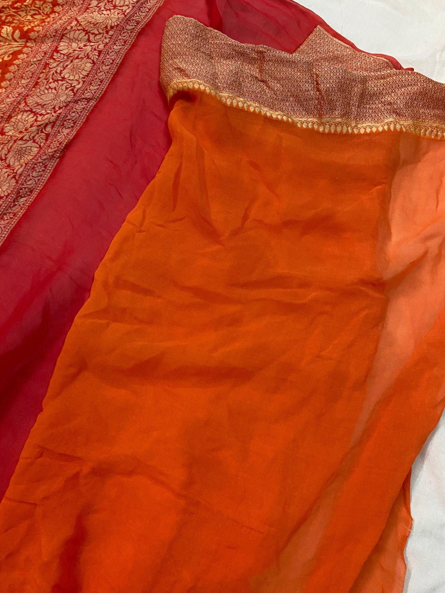 Orange Pure Banarasi Khaddi Georgette Handloom Saree - Rangkaat by Shades Of Benares - banarasi - banarasi saree shop