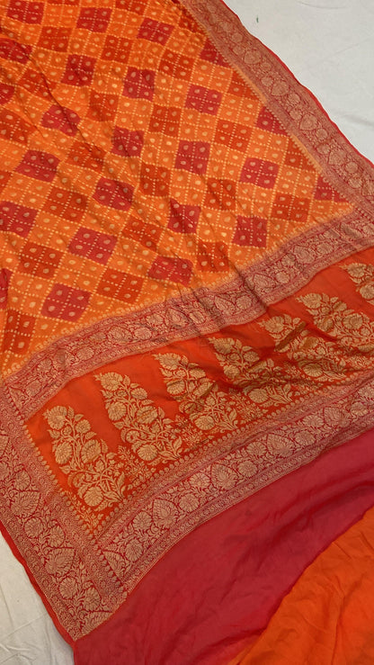 Orange Pure Banarasi Khaddi Georgette Handloom Saree - Rangkaat by Shades Of Benares - banarasi - banarasi saree shop