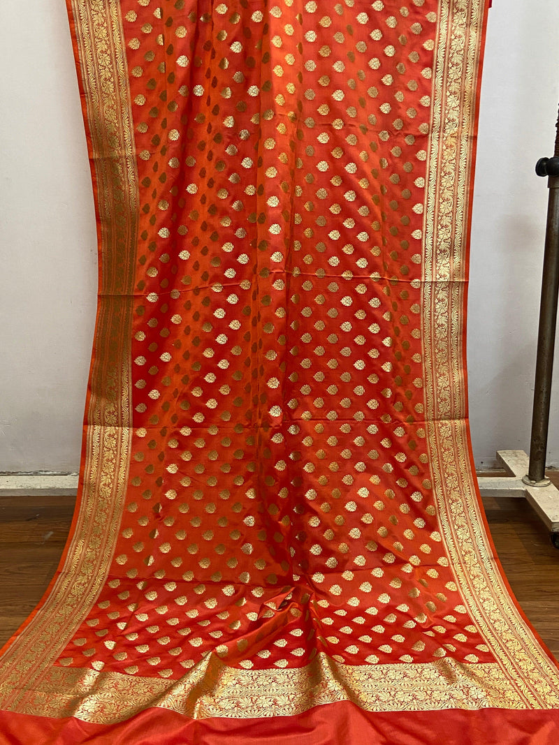 Orange Pure Banarasi Satin Silk Handloom Dupatta - Shades Of Benares