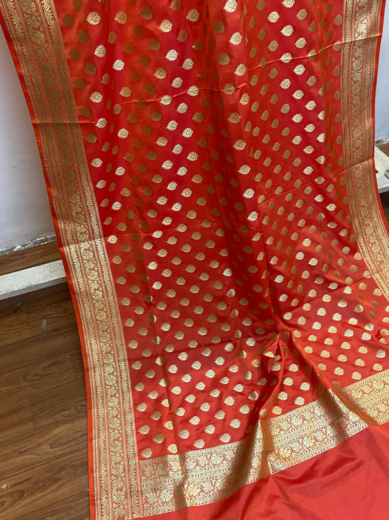Orange Pure Banarasi Satin Silk Handloom Dupatta - Shades Of Benares