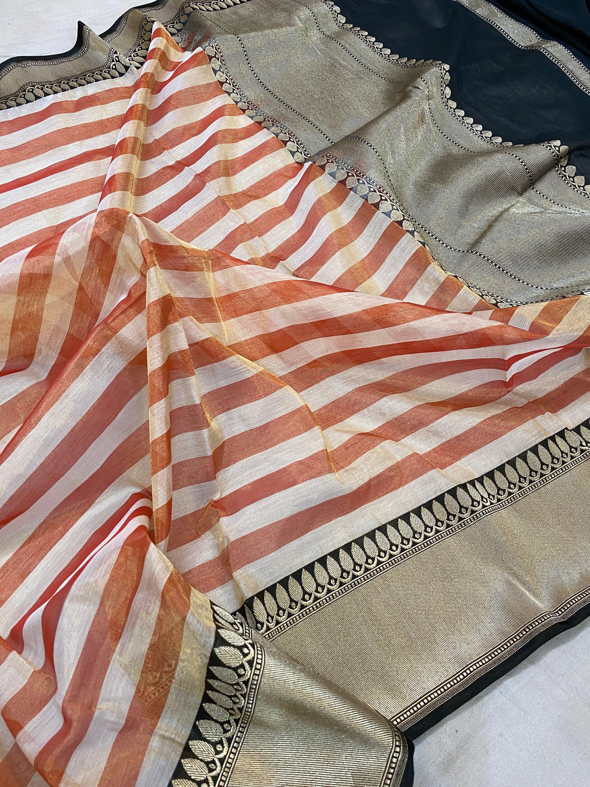 Orange Striped Pure Banarasi Katan Tissue Silk handloom saree by Shades Of Benares - banarasi - banarasi saree shop