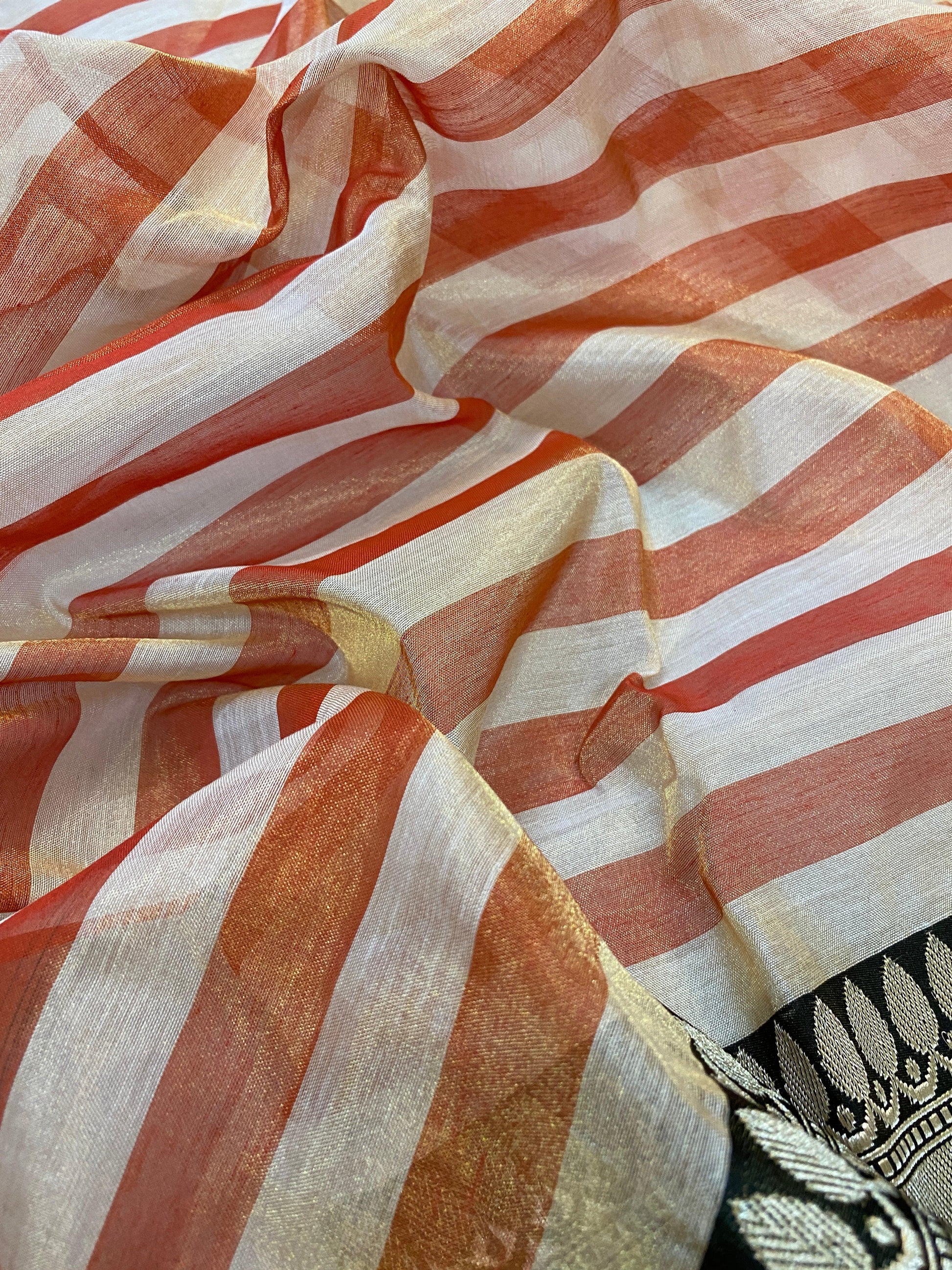 Orange Striped Pure Banarasi Katan Tissue Silk handloom saree by Shades Of Benares - banarasi - banarasi saree shop