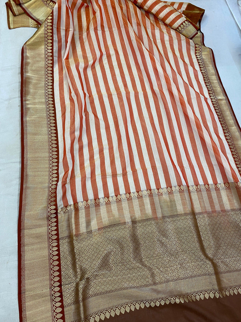 Orange Striped Pure Banarasi Katan Tissue Silk handloom saree - Shades Of Benares