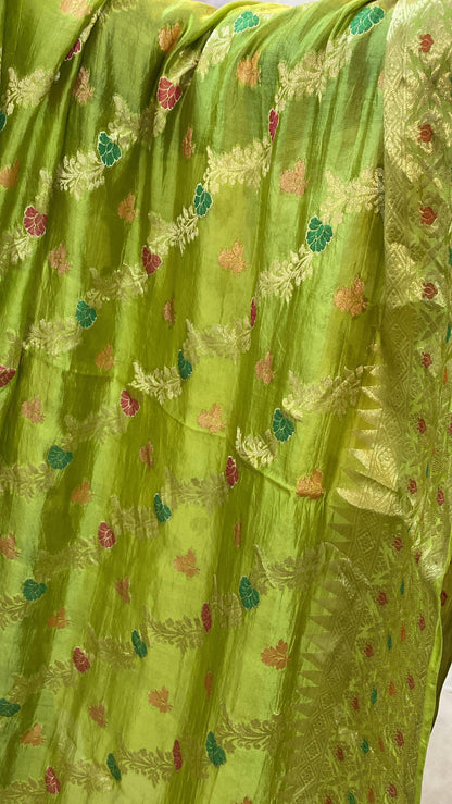 Parrot Green Pure Banarasi Katan Silk Handloom Saree by Shades Of Benares - banarasi - banarasi saree shop