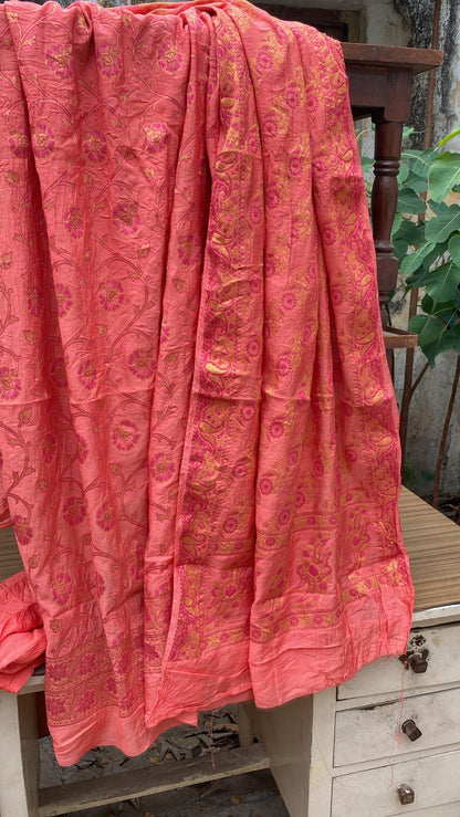 Peach Handloom Pure Chiffon Banarasi 3 pcs ladies suit by Shades Of Benares - banarasi - banarasi saree shop