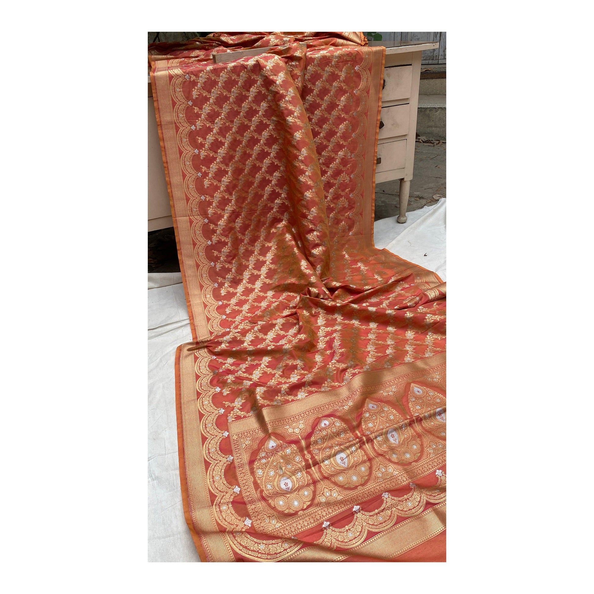 Peach Handwoven Banarasi Katan Silk Sari by Shades Of Benares - banarasi - banarasi saree shop