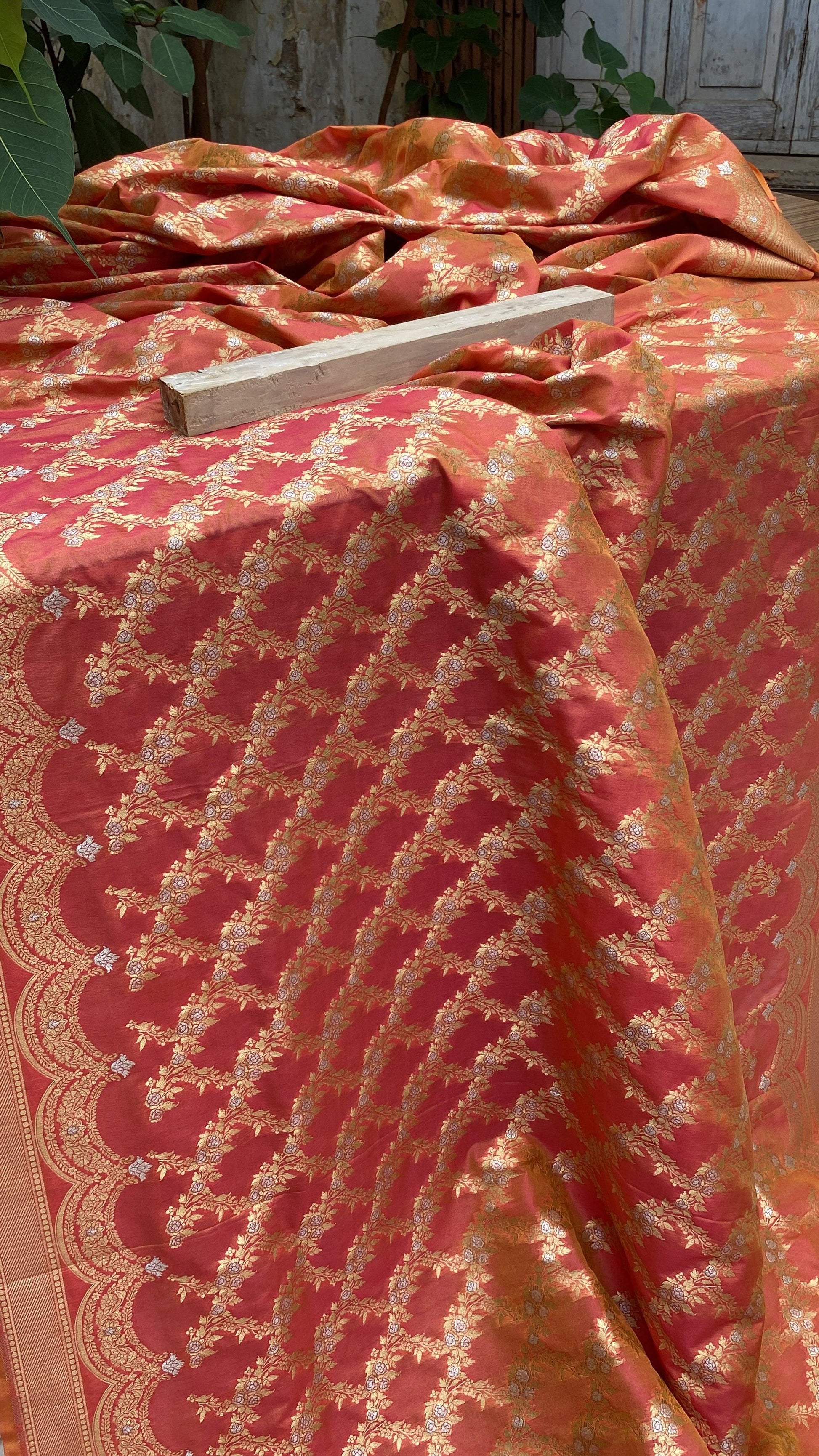 Peach Handwoven Banarasi Katan Silk Sari by Shades Of Benares - banarasi - banarasi saree shop