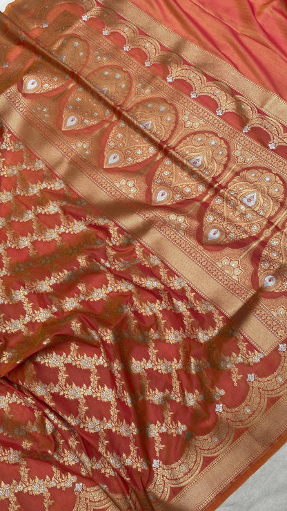 Peach Handwoven Banarasi Katan Silk Sari by Shades Of Benares - banarasi - banarasi saree shop