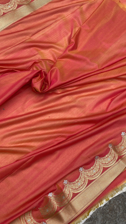 Peach Handwoven Banarasi Katan Silk Sari by Shades Of Benares - banarasi - banarasi saree shop