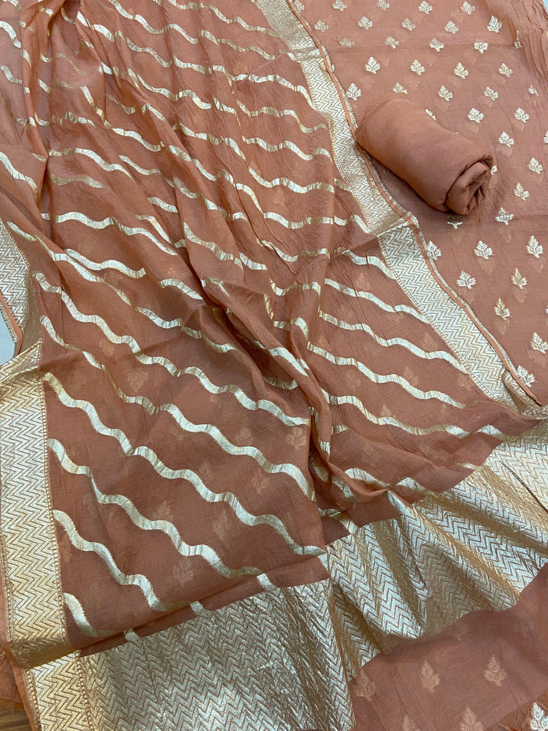 Peach Pure Banarasi Cotton Silk Handloom 3 Pcs Ladies Suit by Shades Of Benares - banarasi - banarasi saree shop