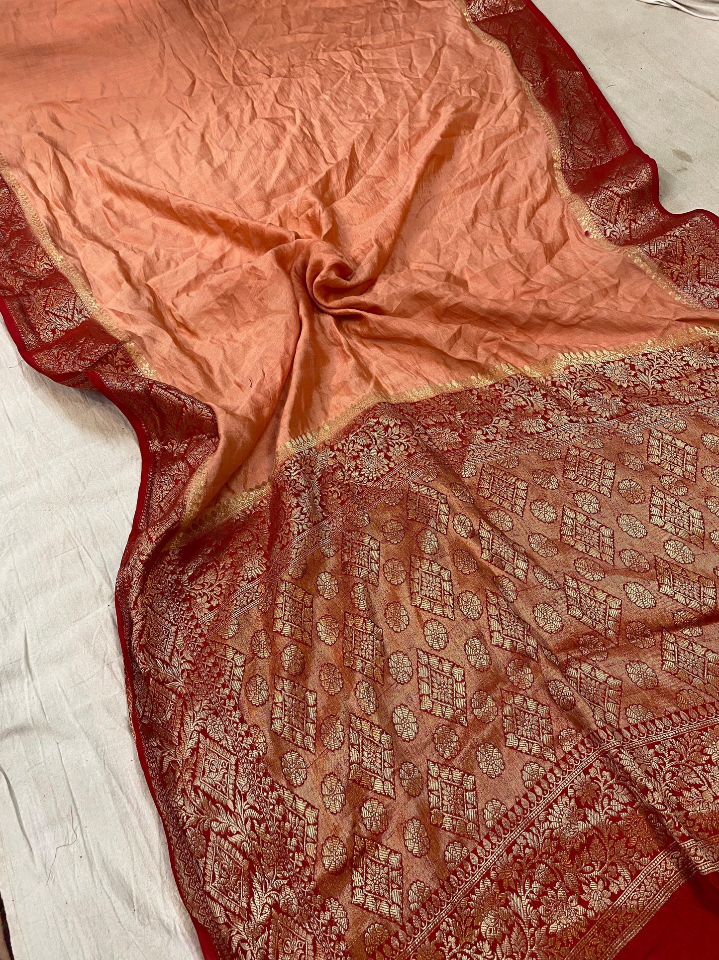 Peach Pure Banarasi Katan Silk Handloom Saree - Kadhwa Border & Pallu by Shades Of Benares - banarasi - banarasi saree shop