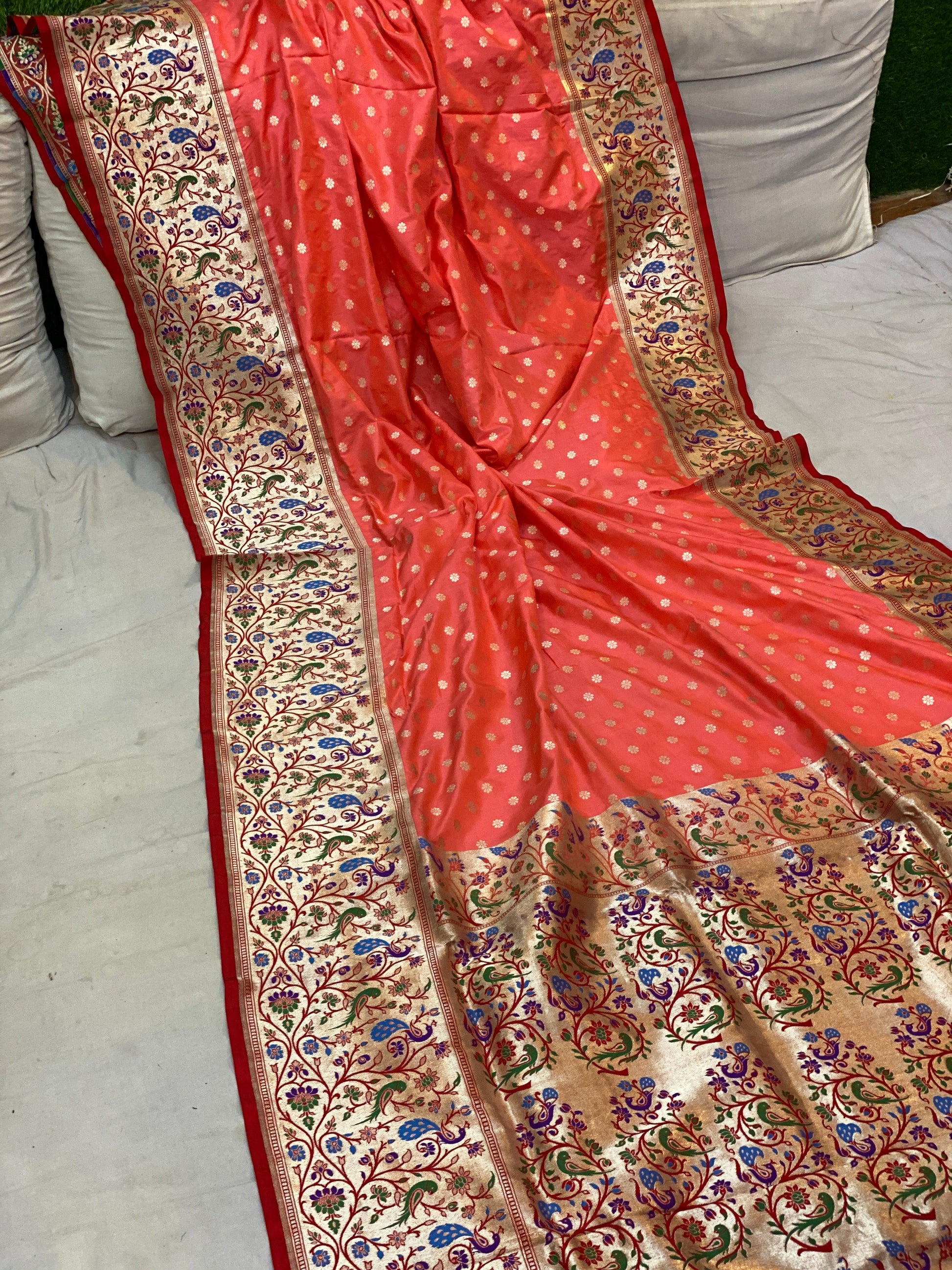 Peach Pure Banarasi Katan Silk Handloom Saree- Kadhwa Paithani by Shades Of Benares - banarasi - banarasi saree shop