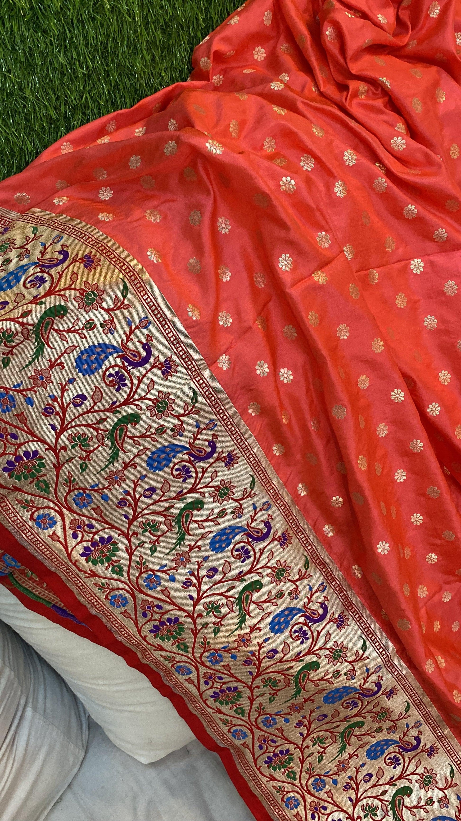 Peach Pure Banarasi Katan Silk Handloom Saree- Kadhwa Paithani by Shades Of Benares - banarasi - banarasi saree shop