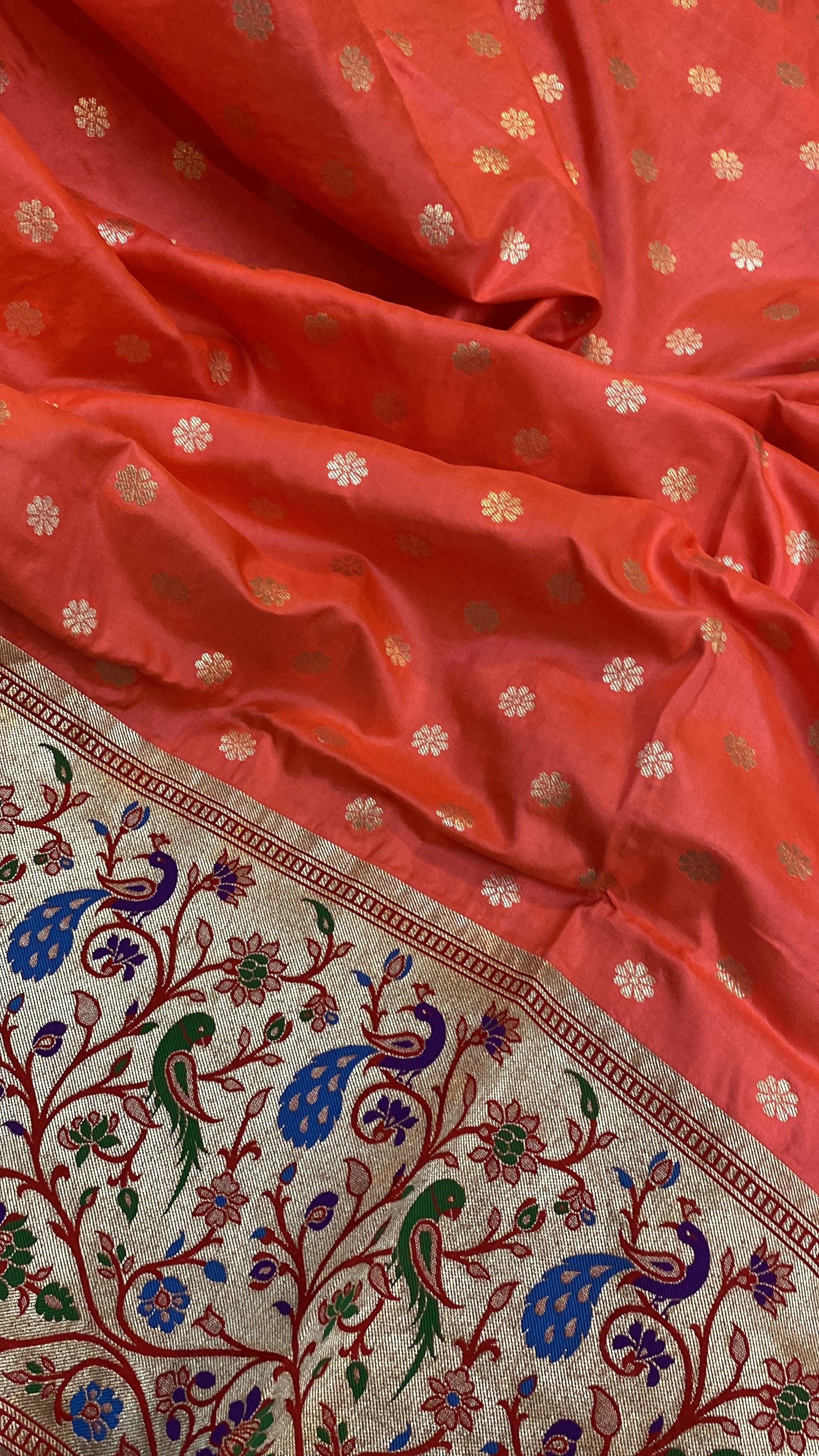 Peach Pure Banarasi Katan Silk Handloom Saree- Kadhwa Paithani by Shades Of Benares - banarasi - banarasi saree shop