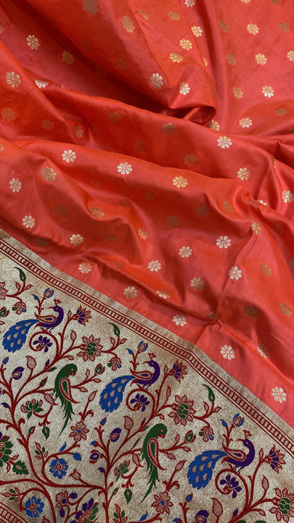 Peach Pure Banarasi Katan Silk Handloom Saree- Kadhwa Paithani by Shades Of Benares - banarasi - banarasi saree shop