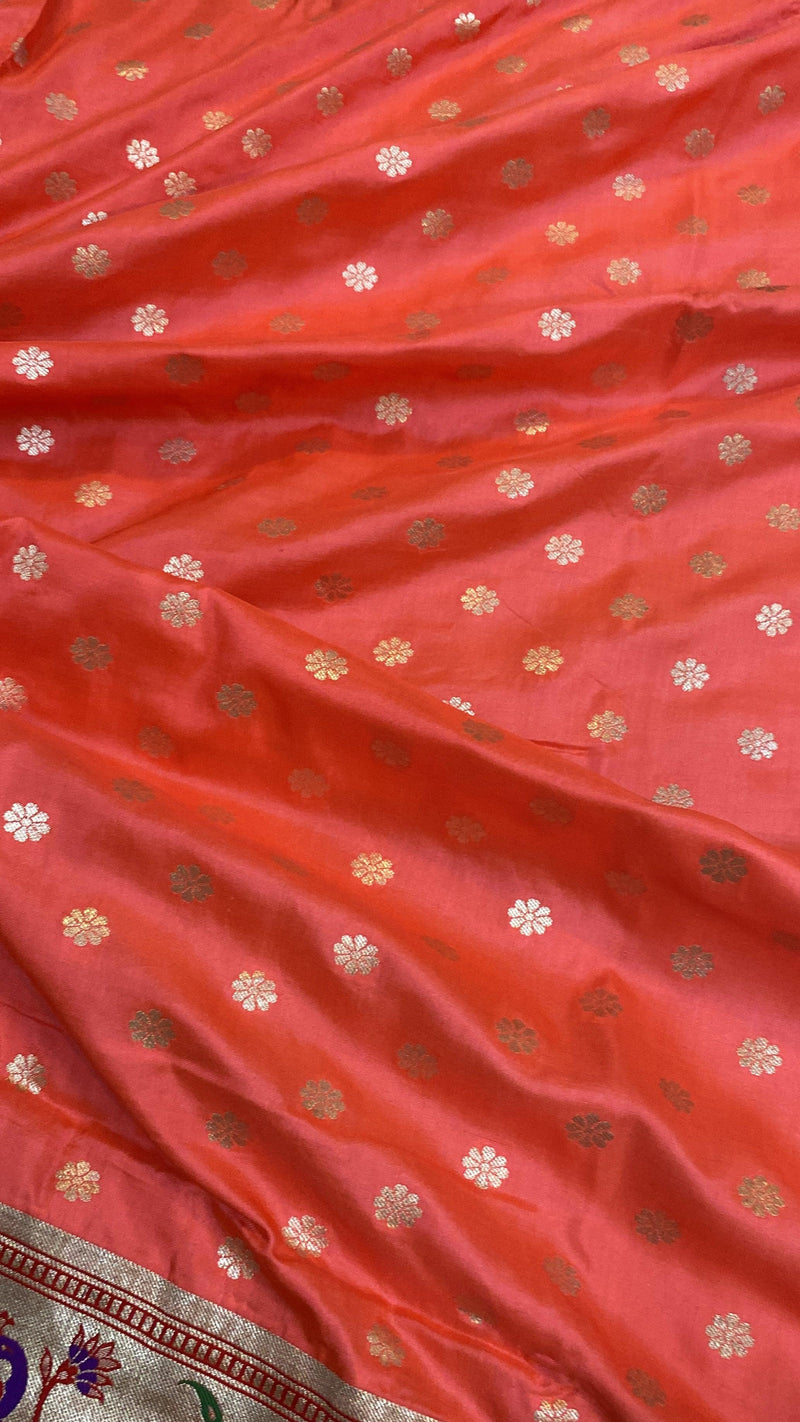 Peach Pure Banarasi Katan Silk Handloom Saree- Kadhwa Paithani - Shades Of Benares