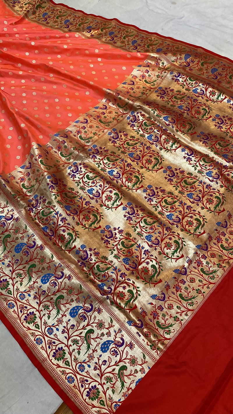 Peach Pure Banarasi Katan Silk Handloom Saree- Kadhwa Paithani - Shades Of Benares
