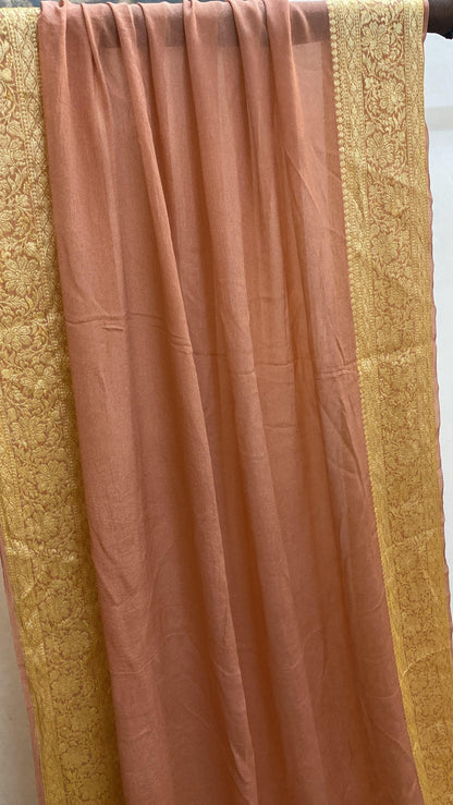 Peach Pure Banarasi Khaddi Chiffon Georgette Handloom Saree by Shades Of Benares - banarasi - banarasi saree shop