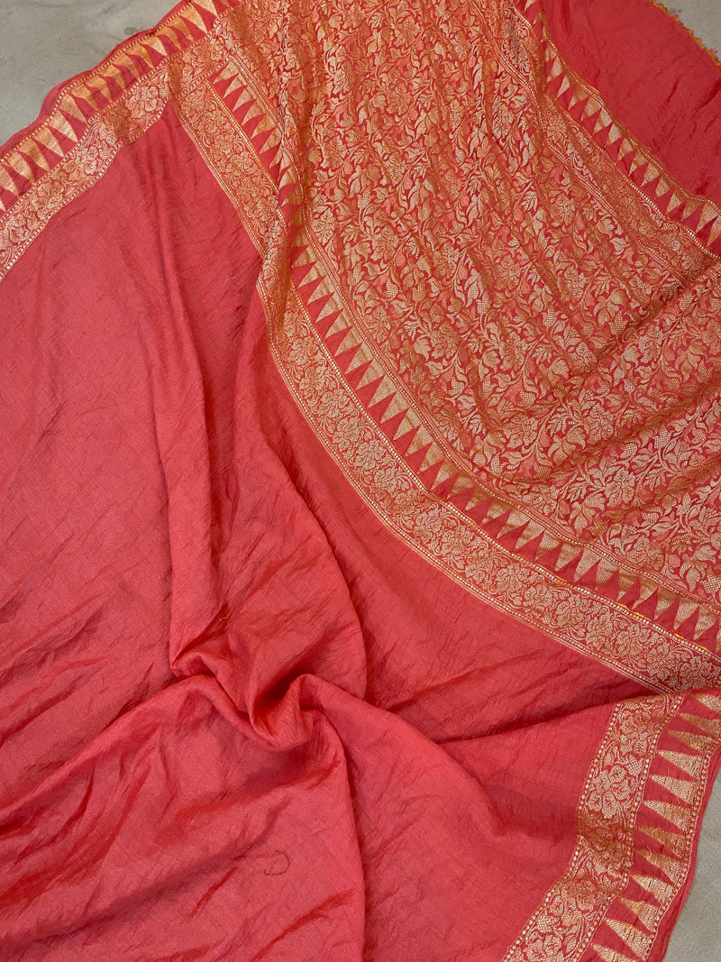 Peach Pure Banarasi Khaddi Moonga Silk Handloom Saree - Shades Of Benares