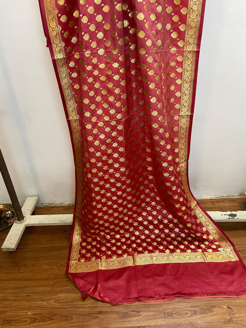 Peach Pure Banarasi Satin Silk Handloom Dupatta by Shades Of Benares - banarasi - banarasi saree shop